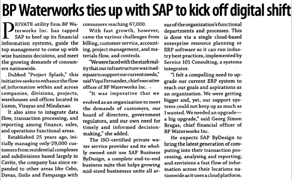 Business Mirror: BP Waterworks Ties Up with SAP to Kick Off Digital Shift